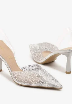 Srebrne Sandały Vices na Szpilce Slingback ze Skórzaną Wkładką i Cyrkoniami Ovifa