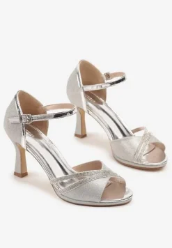 Srebrne Sandały Vices na Szpilce Ozdobione Cyrkoniami i Brokatem Oviasse