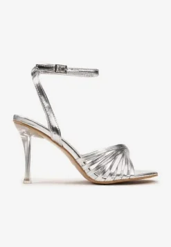Srebrne Sandały Vices z Ozdobnymi Paseczkami na Szpilce Zapinane na Sprzączkę Poriena