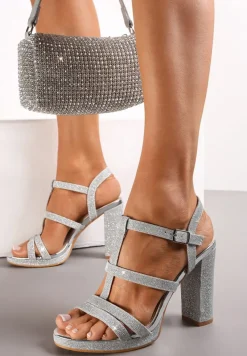 Srebrne Sandały z Cienkimi Brokatowymi Paskami na Słupku Trephone