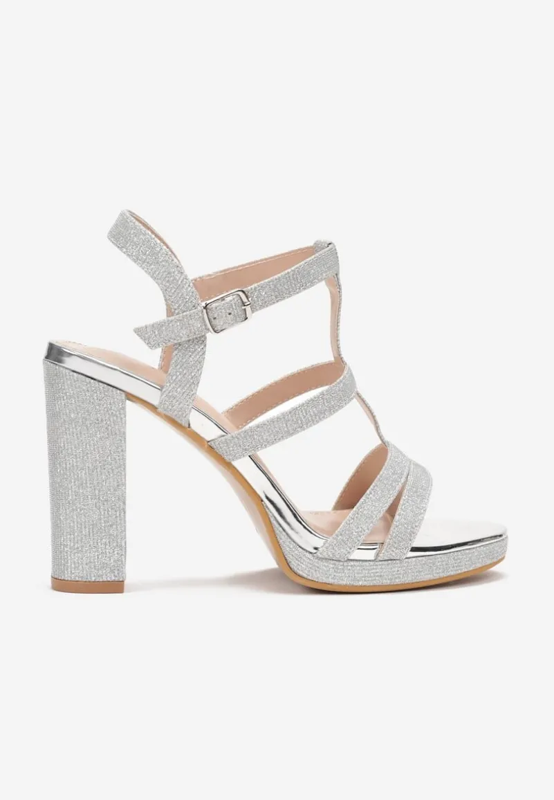 Srebrne Sandały z Cienkimi Brokatowymi Paskami na Słupku Trephone
