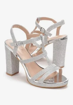 Srebrne Sandały z Cienkimi Brokatowymi Paskami na Słupku Trephone