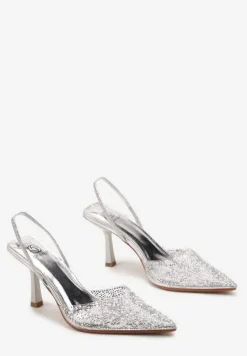 Srebrne Sandały z Transparentnym Noskiem na Szpilce Ozdobione Perłami i Cyrkoniami Halene