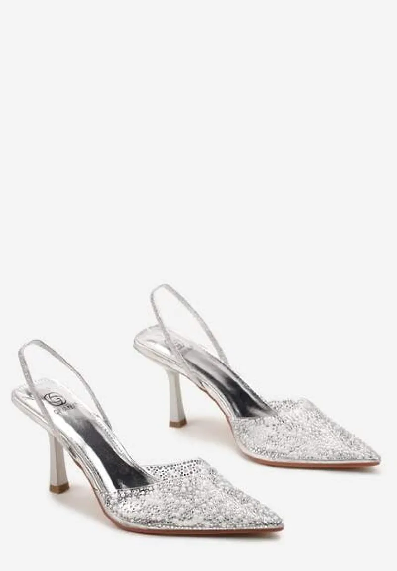 Srebrne Sandały z Transparentnym Noskiem na Szpilce Ozdobione Perłami i Cyrkoniami Halene