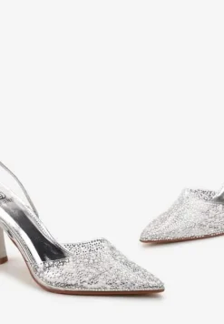 Srebrne Sandały z Transparentnym Noskiem na Szpilce Ozdobione Perłami i Cyrkoniami Halene