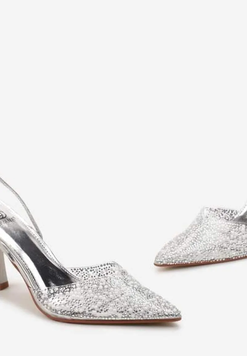 Srebrne Sandały z Transparentnym Noskiem na Szpilce Ozdobione Perłami i Cyrkoniami Halene