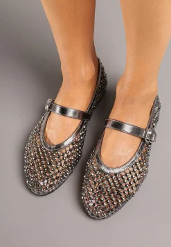 Srebrne Siateczkowe Balerinki z Paskiem z Błyszczącymi Cyrkoniami Lisabia