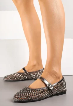 Srebrne Siateczkowe Balerinki z Paskiem z Błyszczącymi Cyrkoniami Lisabia