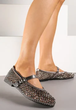 Srebrne Siateczkowe Balerinki z Paskiem z Błyszczącymi Cyrkoniami Lisabia