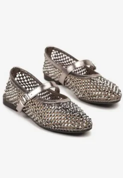 Srebrne Siateczkowe Balerinki z Paskiem z Błyszczącymi Cyrkoniami Lisabia
