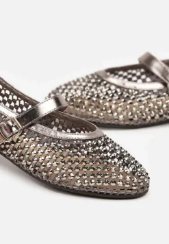 Srebrne Siateczkowe Balerinki z Paskiem z Błyszczącymi Cyrkoniami Lisabia