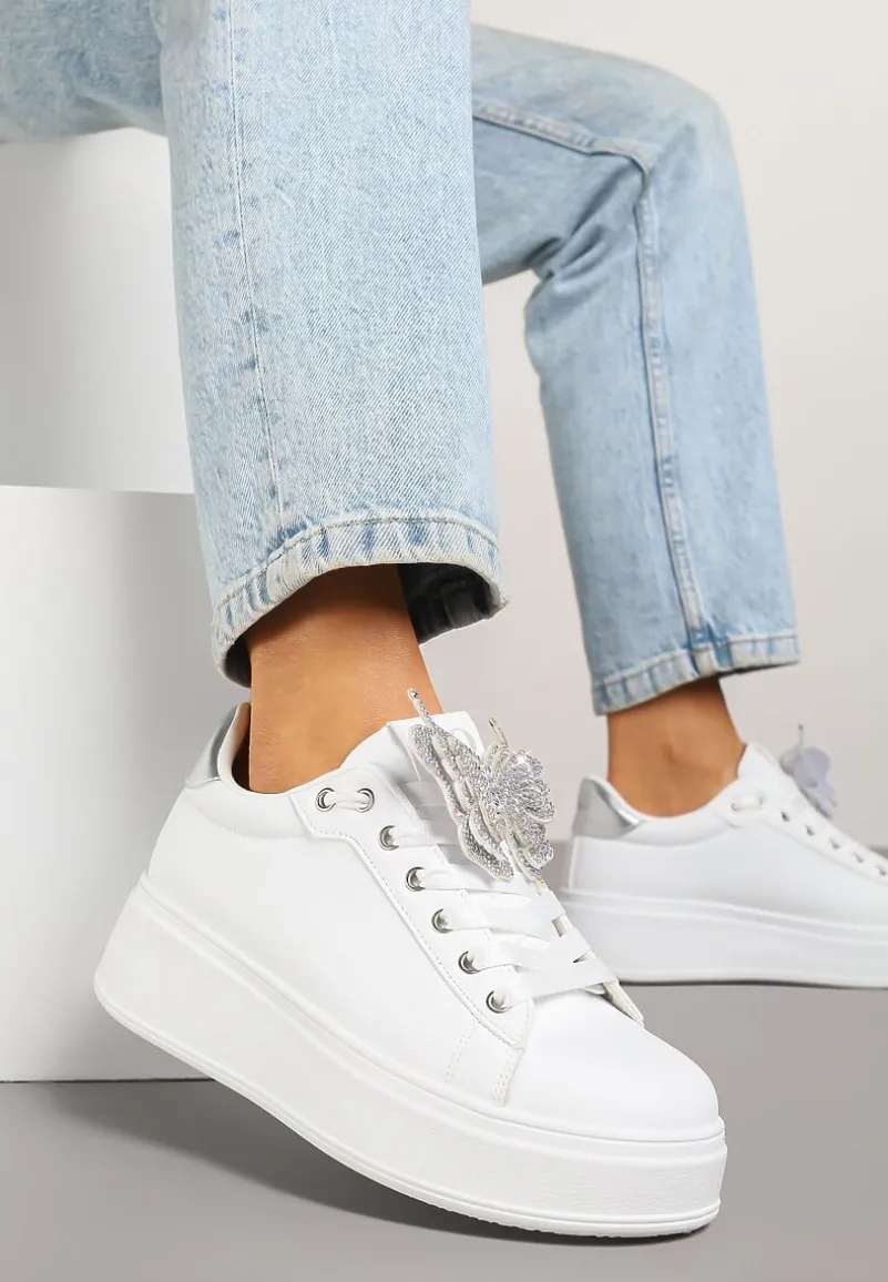 Srebrne Sneakersy z Błyszczącym Motylkiem Lenori