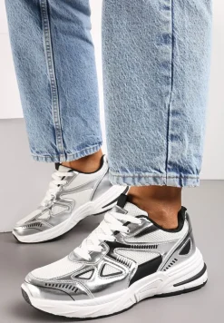 Srebrne Sneakersy ze Wstawkami z Ekoskóry na Grubej Podeszwie Elperna