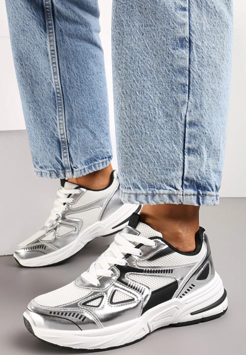Srebrne Sneakersy ze Wstawkami z Ekoskóry na Grubej Podeszwie Elperna