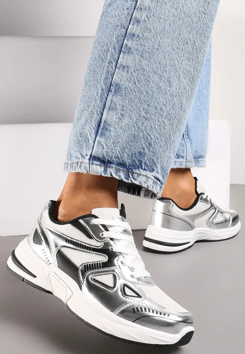 Srebrne Sneakersy ze Wstawkami z Ekoskóry na Grubej Podeszwie Elperna