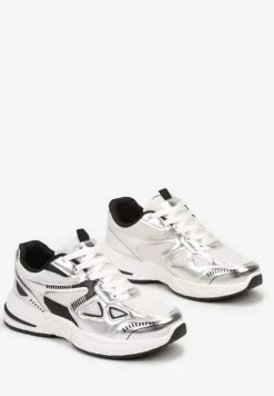 Srebrne Sneakersy ze Wstawkami z Ekoskóry na Grubej Podeszwie Elperna