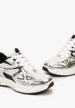 Srebrne Sneakersy ze Wstawkami z Ekoskóry na Grubej Podeszwie Elperna