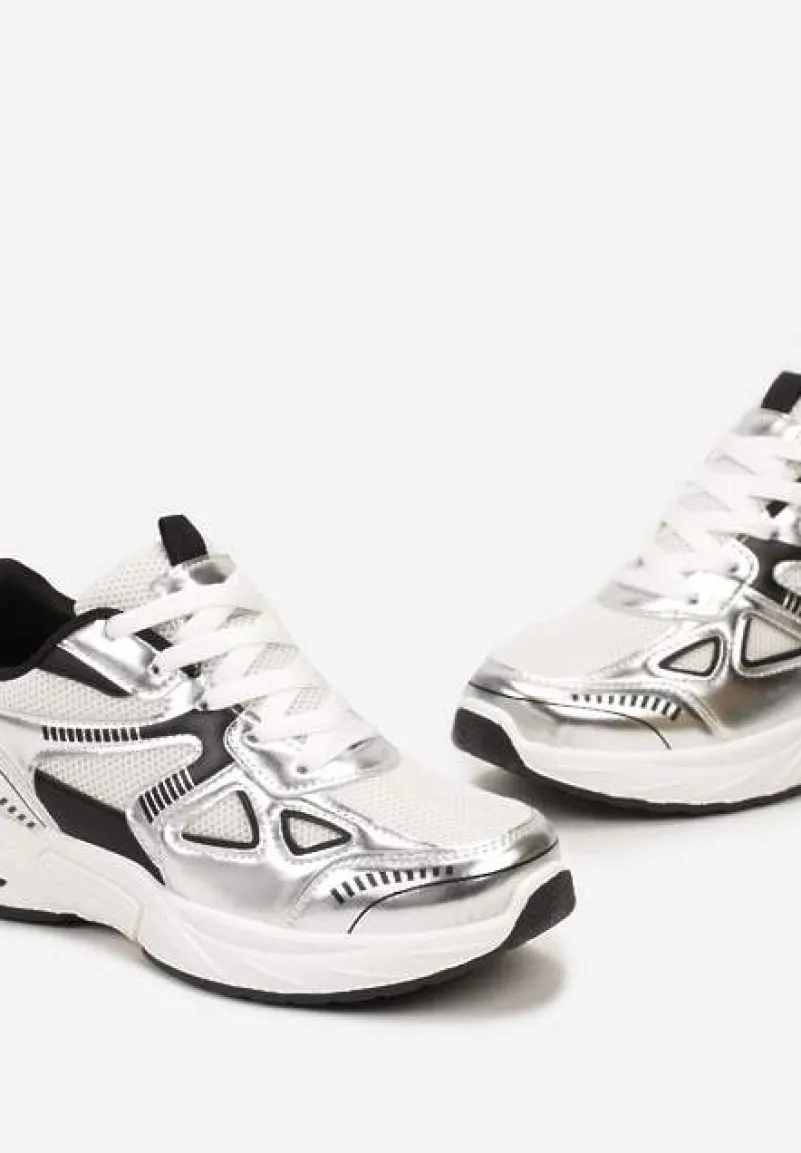 Srebrne Sneakersy ze Wstawkami z Ekoskóry na Grubej Podeszwie Elperna