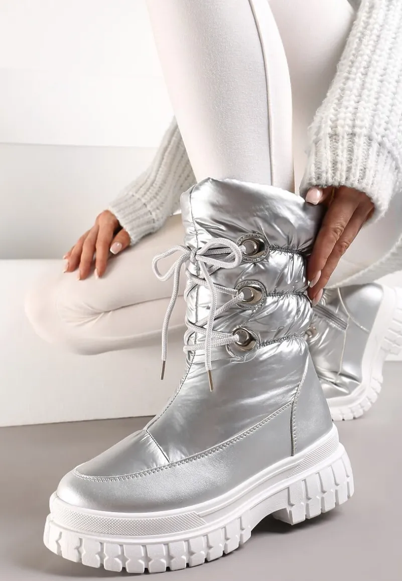 Srebrne Sznurowane Śniegowce z Ozdobnym Pikowaniem i Połyskiem Birala