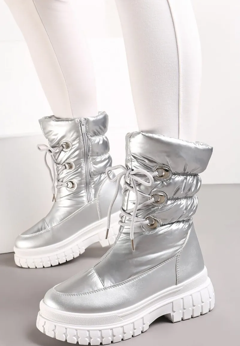 Srebrne Sznurowane Śniegowce z Ozdobnym Pikowaniem i Połyskiem Birala