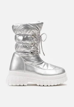 Srebrne Sznurowane Śniegowce z Ozdobnym Pikowaniem i Połyskiem Birala