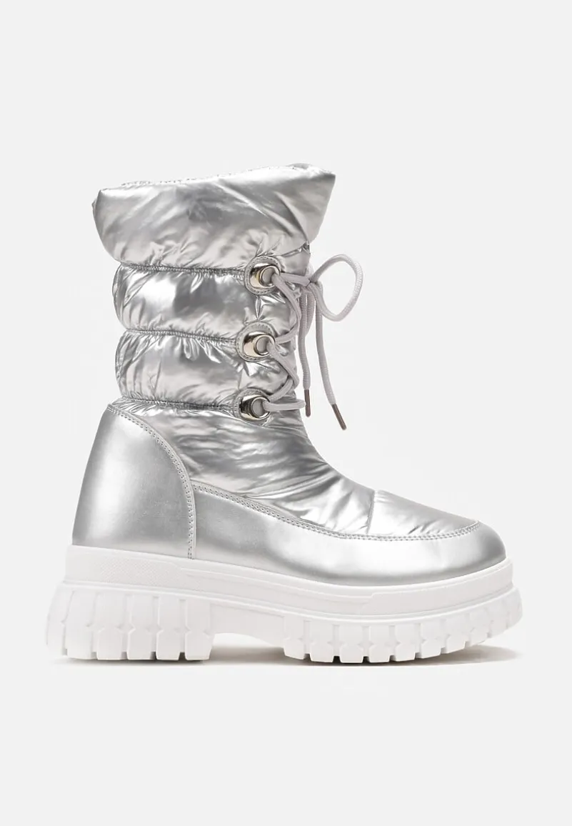 Srebrne Sznurowane Śniegowce z Ozdobnym Pikowaniem i Połyskiem Birala