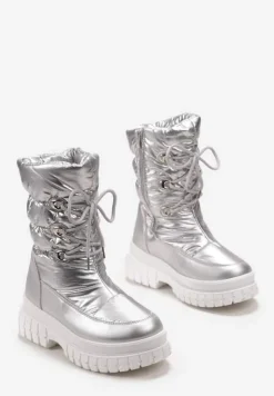 Srebrne Sznurowane Śniegowce z Ozdobnym Pikowaniem i Połyskiem Birala