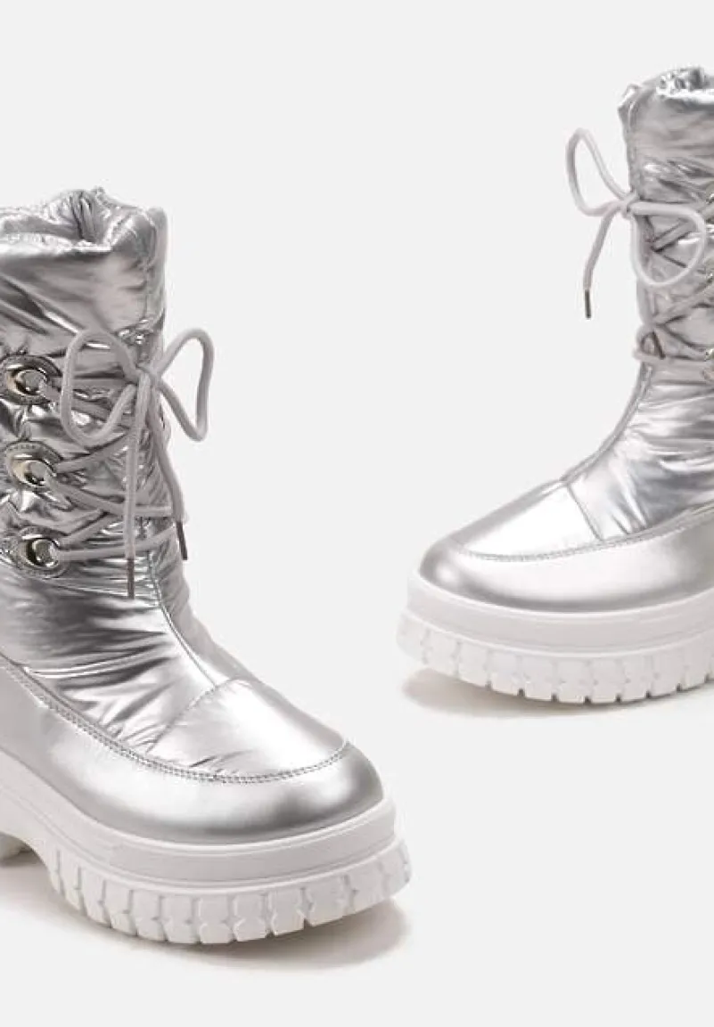 Srebrne Sznurowane Śniegowce z Ozdobnym Pikowaniem i Połyskiem Birala