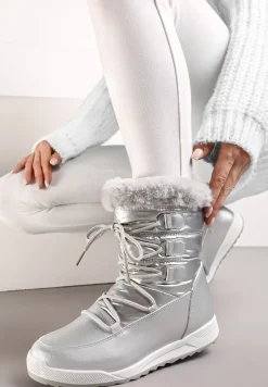 Srebrne Sznurowane Śniegowce z Ozdobnym Futerkiem Betmiga