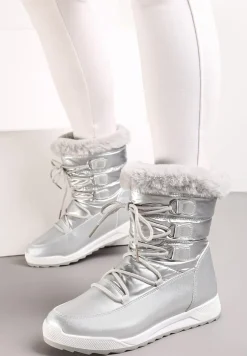 Srebrne Sznurowane Śniegowce z Ozdobnym Futerkiem Betmiga