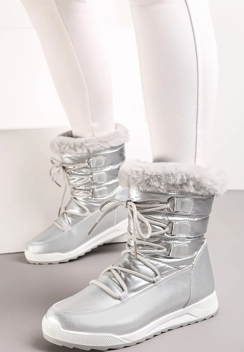 Srebrne Sznurowane Śniegowce z Ozdobnym Futerkiem Betmiga