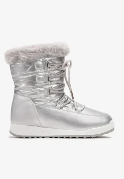 Srebrne Sznurowane Śniegowce z Ozdobnym Futerkiem Betmiga