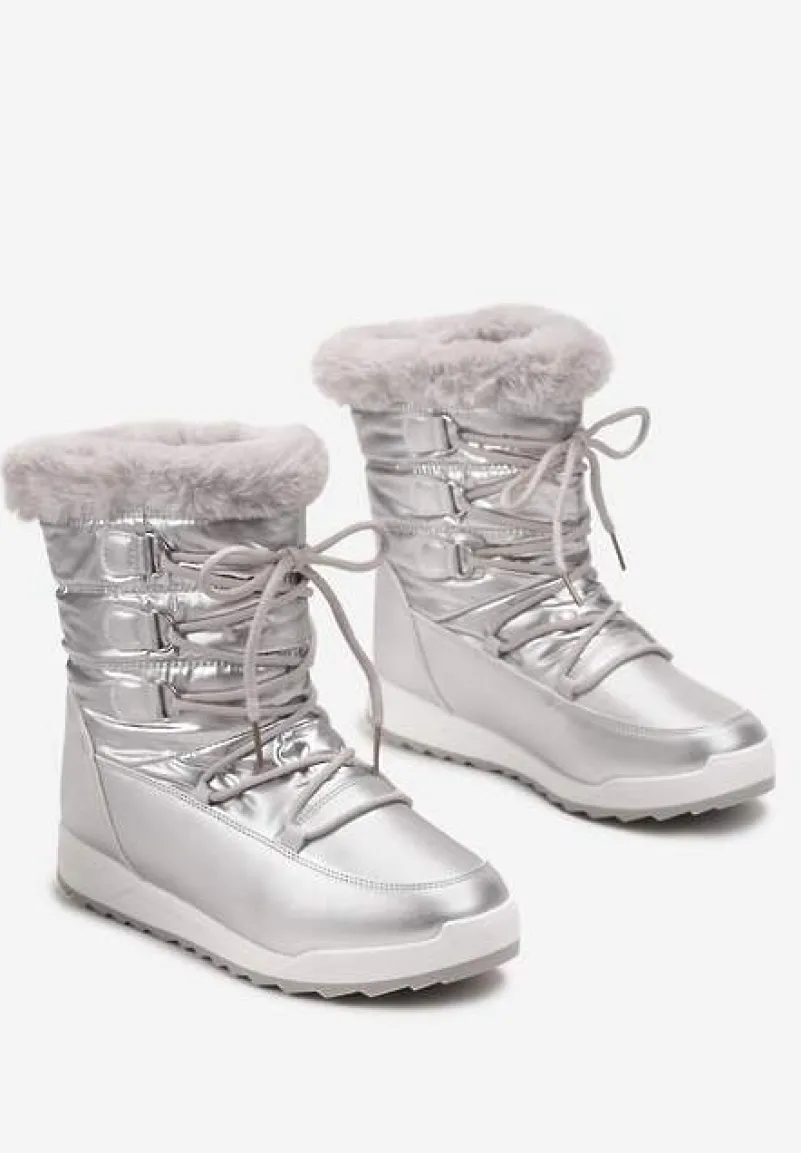Srebrne Sznurowane Śniegowce z Ozdobnym Futerkiem Betmiga