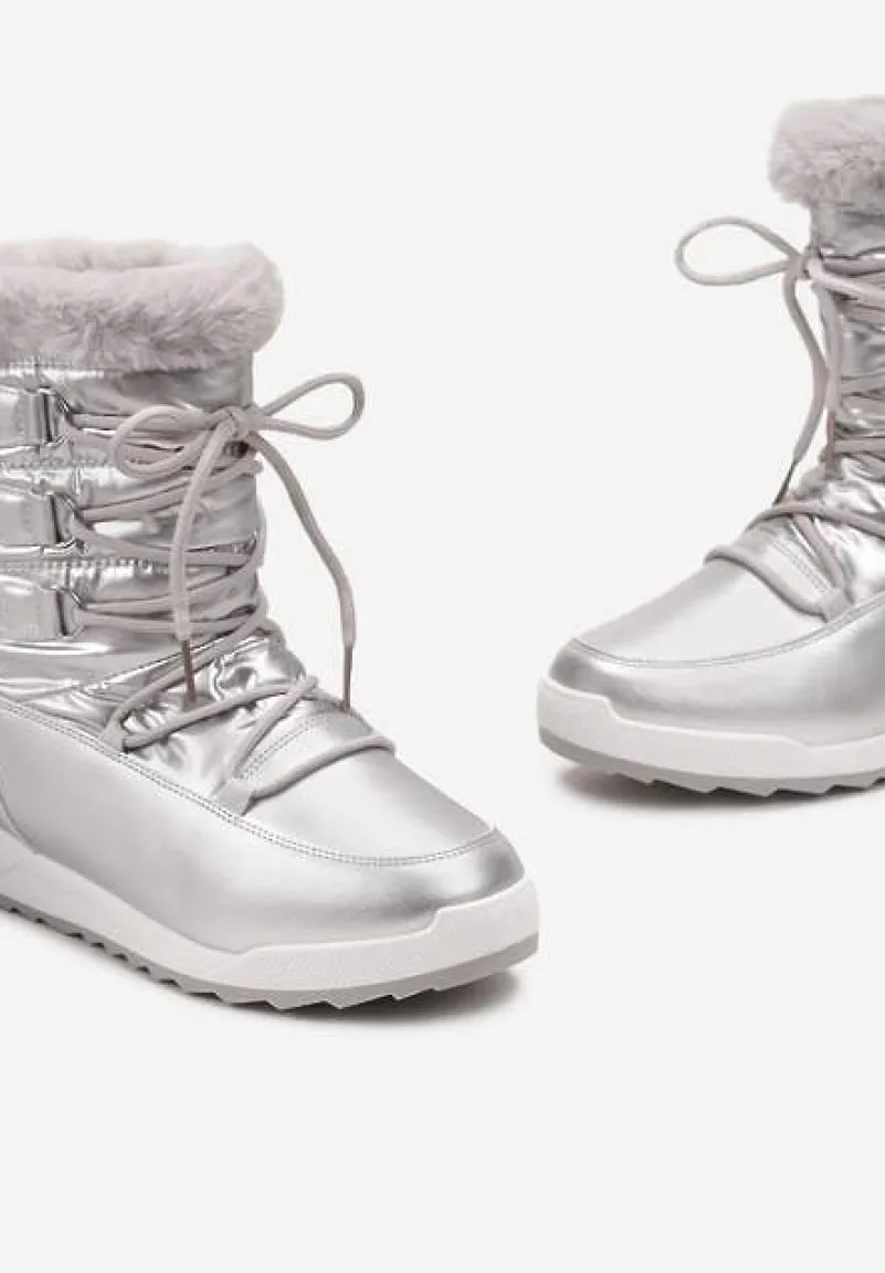 Srebrne Sznurowane Śniegowce z Ozdobnym Futerkiem Betmiga
