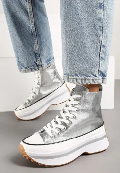 Srebrne Sznurowane Trampki za Kostkę na Platformie Ealsevia