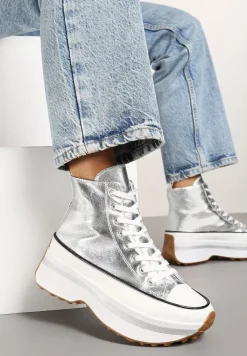 Srebrne Sznurowane Trampki za Kostkę na Platformie Ealsevia