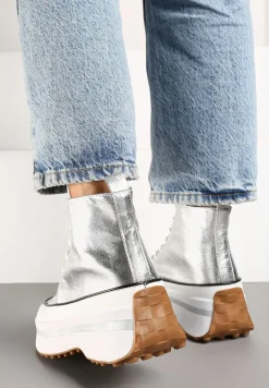 Srebrne Sznurowane Trampki za Kostkę na Platformie Ealsevia