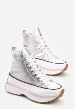 Srebrne Sznurowane Trampki za Kostkę na Platformie Ealsevia