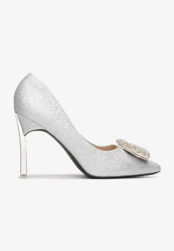 Srebrne Szpilki Brokatowe ze Szpiczastym Noskiem i Cyrkoniami Feren