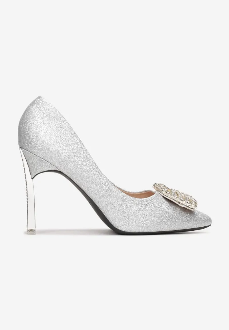 Srebrne Szpilki Brokatowe ze Szpiczastym Noskiem i Cyrkoniami Feren