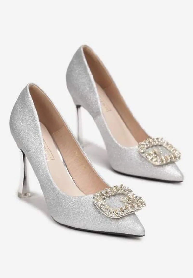 Srebrne Szpilki Brokatowe ze Szpiczastym Noskiem i Cyrkoniami Feren