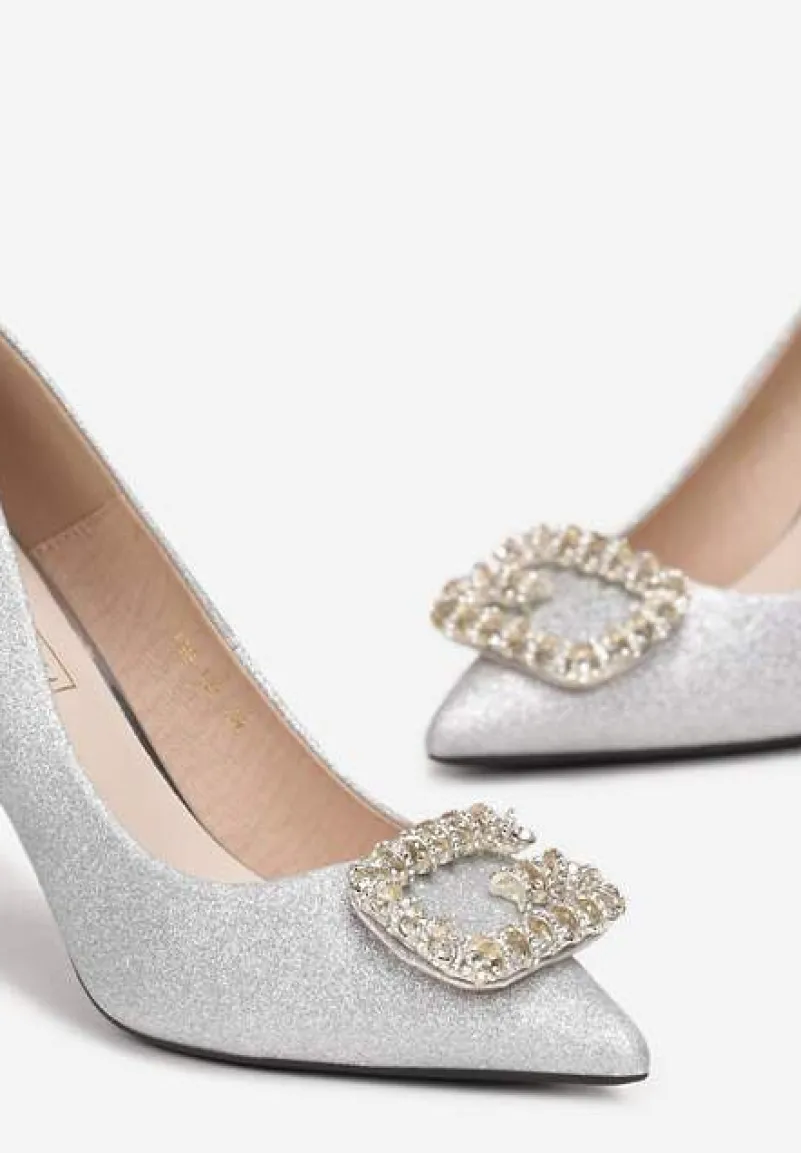 Srebrne Szpilki Brokatowe ze Szpiczastym Noskiem i Cyrkoniami Feren