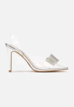 Srebrne Szpilki Transparentne z Odkrytą Piętą i Cyrkoniową Kokardą Leniliana