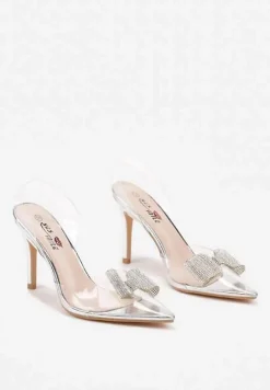 Srebrne Szpilki Transparentne z Odkrytą Piętą i Cyrkoniową Kokardą Leniliana