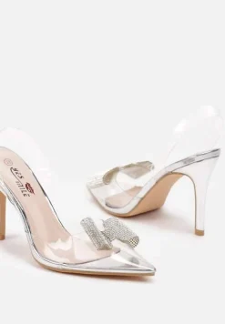 Srebrne Szpilki Transparentne z Odkrytą Piętą i Cyrkoniową Kokardą Leniliana