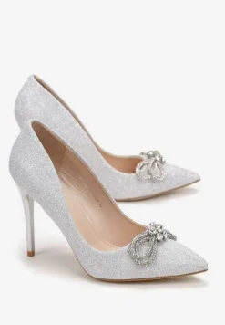 Srebrne Szpilki z Brokatową Cholewką i Kokardką z Cyrkoniami Yonea