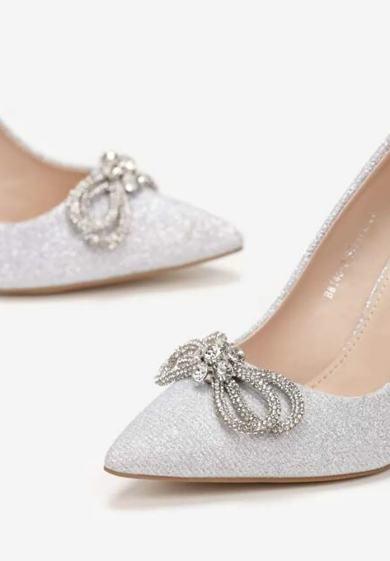 Srebrne Szpilki z Brokatową Cholewką i Kokardką z Cyrkoniami Yonea