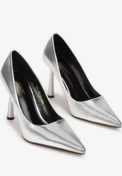 Srebrne Szpilki z Lakierowanej Imitacji Skóry Rosera