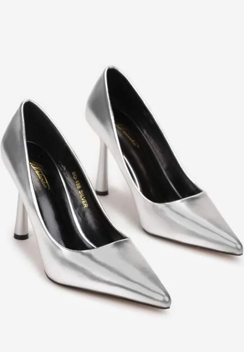 Srebrne Szpilki z Lakierowanej Imitacji Skóry Rosera