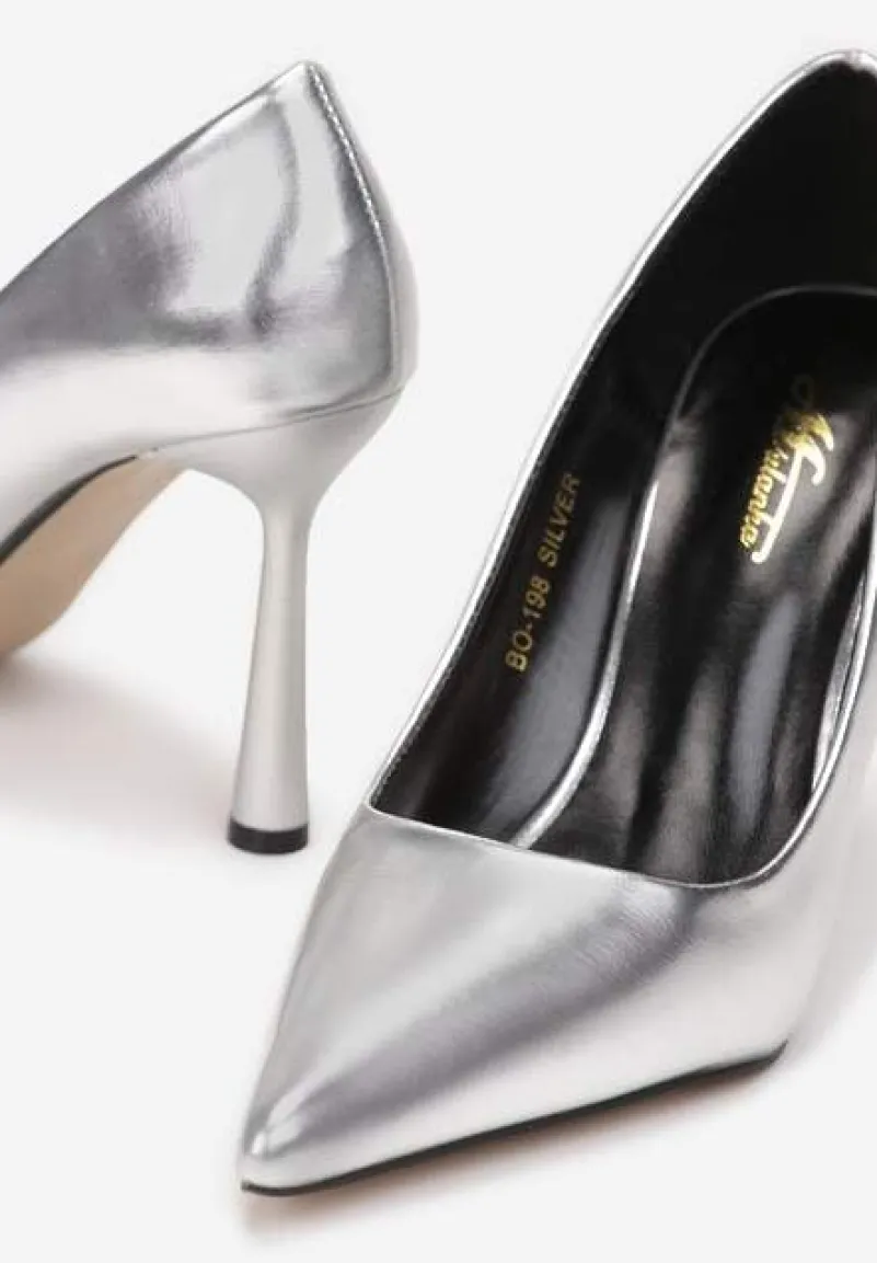 Srebrne Szpilki z Lakierowanej Imitacji Skóry Rosera